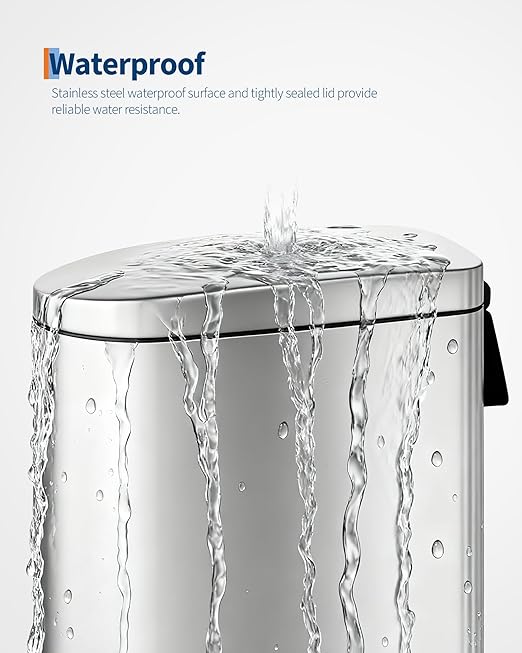 Garvee 2.6 gal / 10 L Stainless Steel Bathroom Trash Can with Lid, Slim Waterproof Garbage Can for Bedroom, Small Step-on Metal Trash Bin with Inner Bucket, Rear Handle, Soft Close Lid, Silver