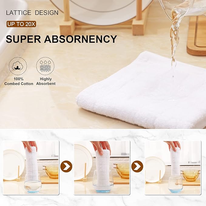 Mordimy 100% Cotton Terry Cloth Kitchen Towels, Super Soft and Absorbent Dish Towels for Drying, Checkered Designed Hand Towels for Kitchen, 16 x 26 Inches, 4 Pack, White
