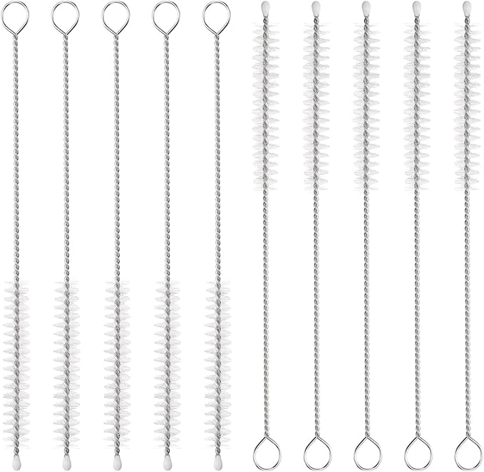 HARFINGTON Straw Cleaner Brush Set, 6 Inch Length 304 Stainless Steel and Nylon Bristles for Water Bottle Silicone Straw Sippy Cup Pipes, White (8mm OD, 10-Piece-Set)