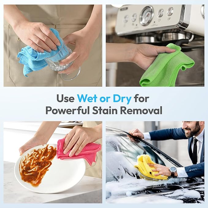 270GSM Microfiber Cleaning Cloth 12"X12" - 12 Pack 4 Color Assorted Lint Free Streak Free, Super Absorbent Reusable Multi Purpose Kitchen Towels for Cars