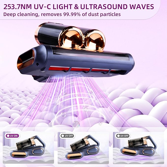 Mattress Vacuum Cordless with 16Kpa Suction & HEPA Dust Cups, 253.7nm UV-C Light & Ultrasonic, Low Noise Widened Suction Port Handheld Vacuum for Bed Pillows Couch Car Seat Rugs, Deep Blue