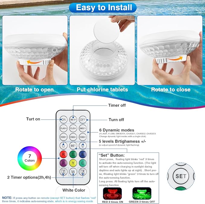 Pool Chlorine Floater Solar Floating Pool Lights with USB Charging 3 in1, IP68 Waterproof 2600mAh 13 Color Modes Pool Lights, Adjustable Pool Chlorine Dispenser for 1" & 3" for Pool 1 Pack