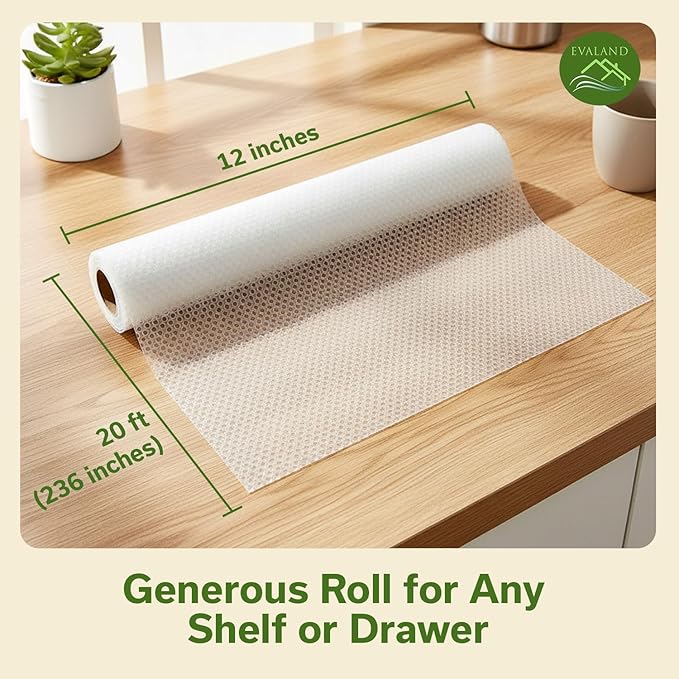 EVALAND Shelf Liners for Kitchen Cabinets Non-Adhesive 12" x 20 FT Clear Drawer Liner Non Slip, Washable Cabinet Liner, Waterproof Shelf Liners for Cabinets, Refrigerator Bathroom Pantry Cabinet Mat