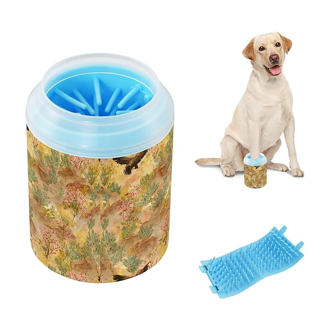 Dog Paw Cleaner Cups for Dogs Pets Foot Washer Paw Scrubber for Medium Small Cats Dogs Cute Cleaning Cup Brown Eagle Flowers Plants Bushes