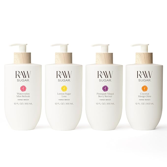 RAW SUGAR Hand Wash Variety Bundle (12 Fl Oz, Pack of 4) Vegan Soap, Coconut Mango Glow, Pineapple Maqui Berry Reviver, Watermelon Mint Refresh, Lemon Sugar Love, Made without SLS/SLES & Parabens