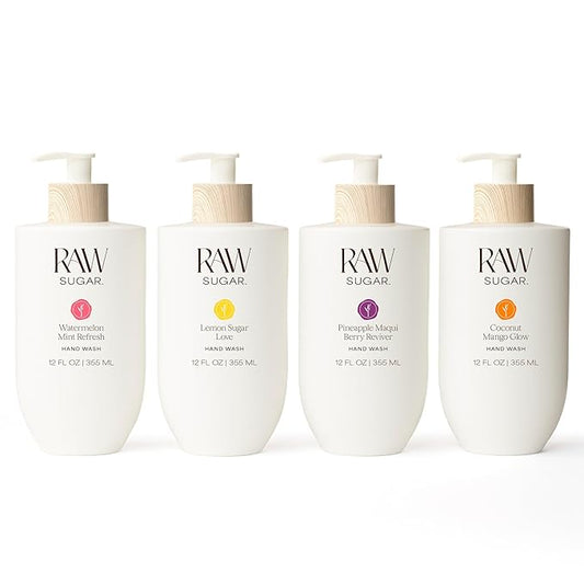 RAW SUGAR Hand Wash Variety Bundle (12 Fl Oz, Pack of 4) Vegan Soap, Coconut Mango Glow, Pineapple Maqui Berry Reviver, Watermelon Mint Refresh, Lemon Sugar Love, Made without SLS/SLES & Parabens