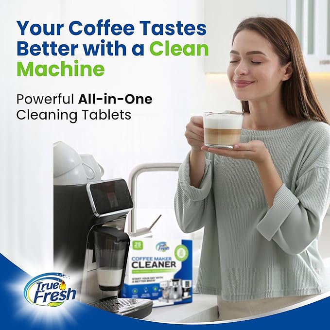 True Fresh Coffee Machine Cleaner & Descaler Tablets 25 Pack - Removes Limescale & Oils, Compatible with Keurig, Nespresso, Breville, Delonghi, Miele - for Espresso & Drip Makers, 1 Year Supply