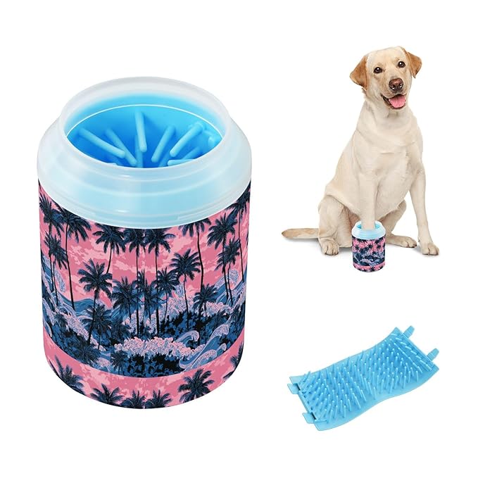 Dog Paw Cleaner Cups for Dogs Pets Foot Washer Paw Scrubber for Medium Small Cats Dogs Cute Cleaning Cup Palm Tree Wave Pink