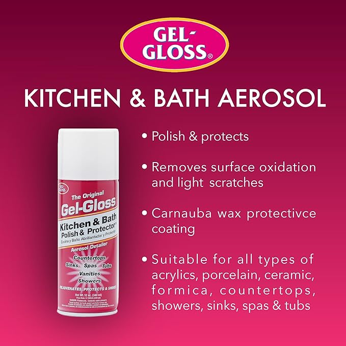 Gel-Gloss Kitchen & Bath Polish Aerosol | Carnauba Cleaner Wax Formulation | Removes Water Spots, Light Scratches & Stains | Restores Color & Shine | Carnauba Wax Protective Coating, 12 oz.