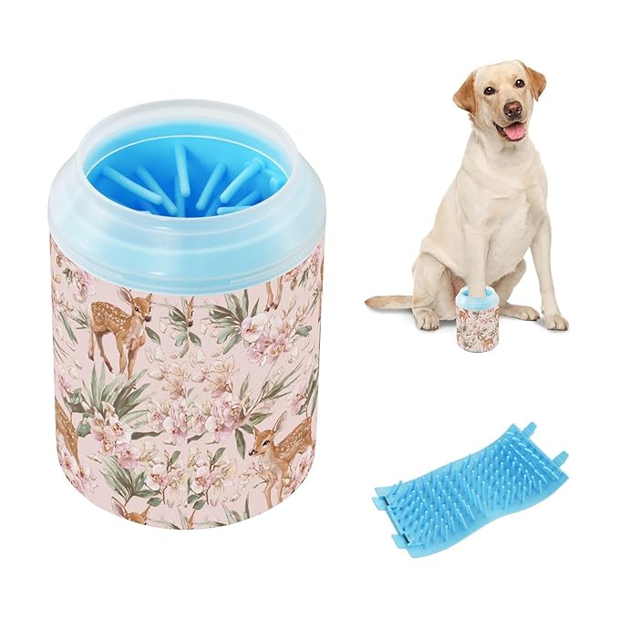 Dog Paw Cleaner Cups for Dogs Pet Foot Washer Paw Scrubber for Medium Small Large Dogs Cats Cleaning Cup Pink Deer Flowers Green Leaves
