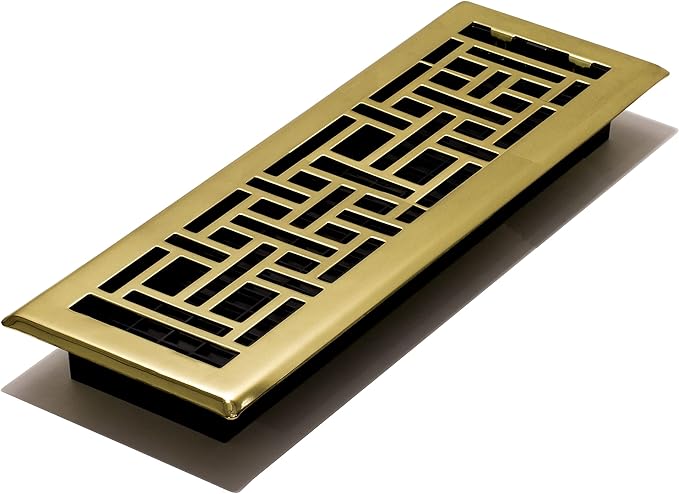 Decor Grates AJH414 Oriental Steel Plated Floor Register 4x14 Inches , 1-Pack, Bright Brass Finish
