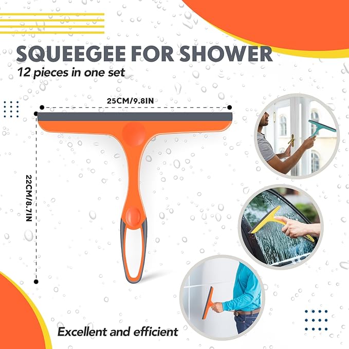 Dandat 12 Pcs Squeegee for Shower Glass Door 9.8'' Small Silicone Shower Squeegee for Doors Bulk with Hanging Hole for Bathroom Car Mirror Tile(Orange, Green,Yellow)