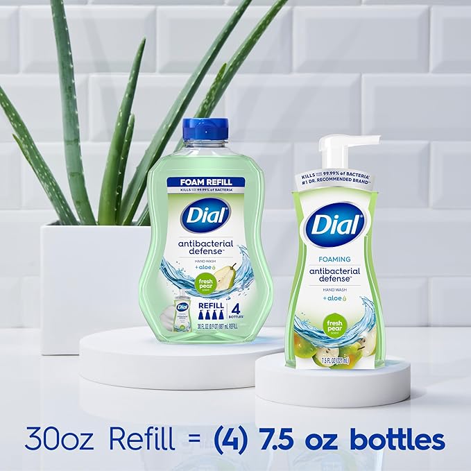 Dial Antibacterial Defense Foaming Hand Soap + Aloe, Fresh Pear Scent, 30 Fl Oz Hand Soap Refill (Pack of 4), Dermatologist-Tested, Gentle on Skin