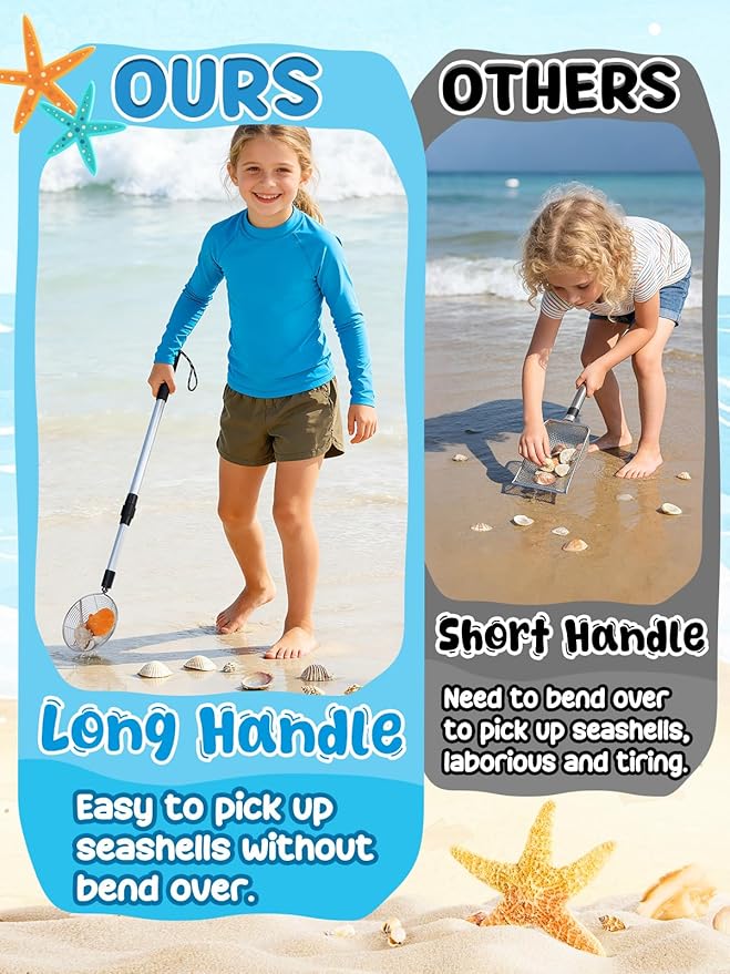 1 Pack Sand Sifter with Seashell Bags - 21.6"~33" Adjustable Shark Tooth Sifter for The Beach Seashell Collecting, Mesh Shovel Scooper with Retractable Handle, Beach Toys for Adults Family Kids