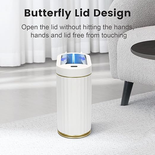 Bathroom Trash Can with Butterfly Lid 2 Gallon Sensor Trash can, IPX5 Waterproof Garbage Can, Automatic Slim Trash Bin, Under-Counter Wastebasket, Bathroom Decor for Bedroom, White Gold