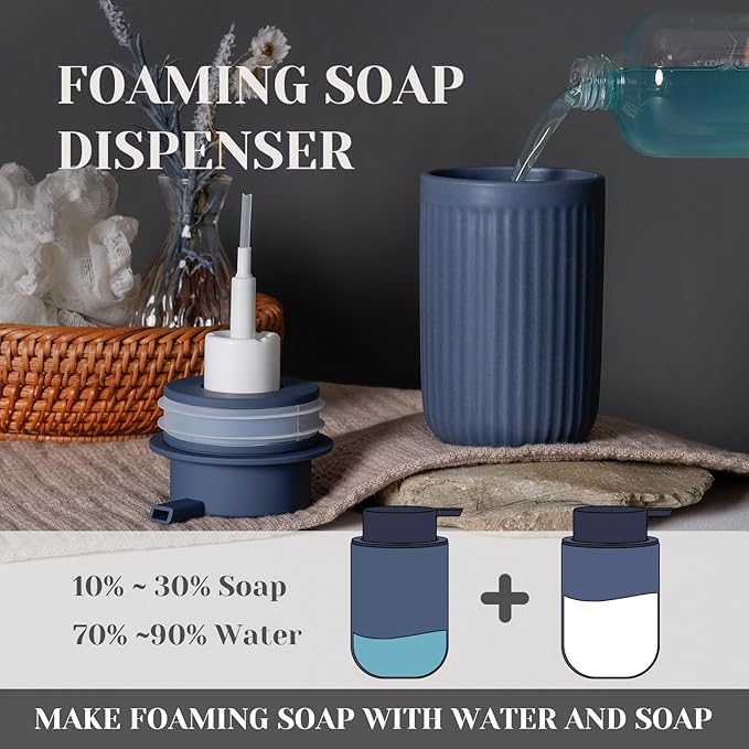 INGOFIN Ceramic Foaming Soap Dispenser - 12oz Foam Hand Soap Dispenser Bathroom, Modern Refillable Dish Dispenser with Pump for Kitchen, Matte Blue