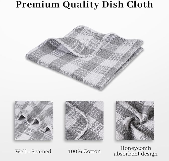 Blue Needles Waffle Weave Check Plaid Dish Cloths, 12x12 Inches 100% Cotton Set of 8 Dish Towels for Kitchen, Ultra Soft & Absorbent Kitchen Towels for Quick Drying Spring Summer - Ash Grey & White