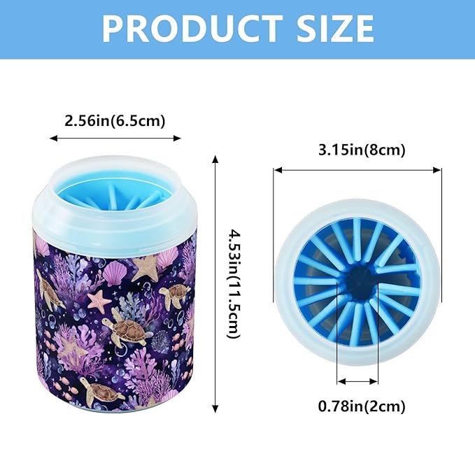 Dog Paw Cleaner Cups for Dogs Pets Foot Washer Paw Scrubber for Medium Small Cats Dogs Cute Cleaning Cup Purple Turtles Starfish Shells Coral