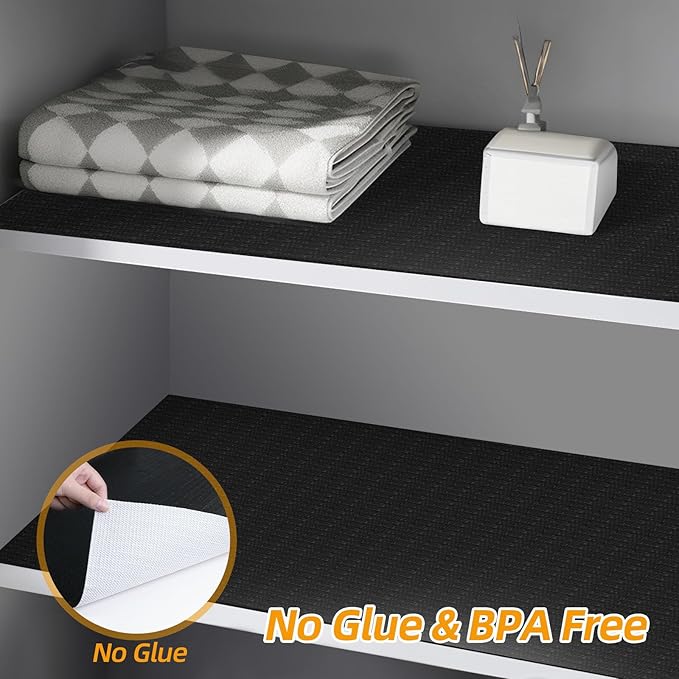 Shelf and Drawer Liner for Kitchen Cabinets Non-Adhesive, Strong Grip Non-Slip Thickened Cabinet Liners for Shelves, Waterproof Mats for Dresser Cupboard, Black, 12 in x 30 Feet