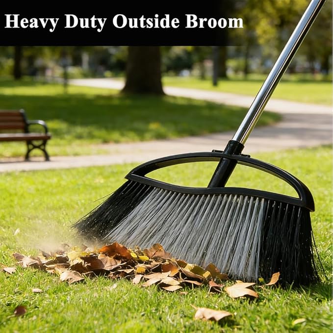 Heavy Duty Outdooor Broom - 15.7" Wide Broom with Long Adjustable Handle & Stiff Bristles for Patio, Garage, Yard, Garden (Black)