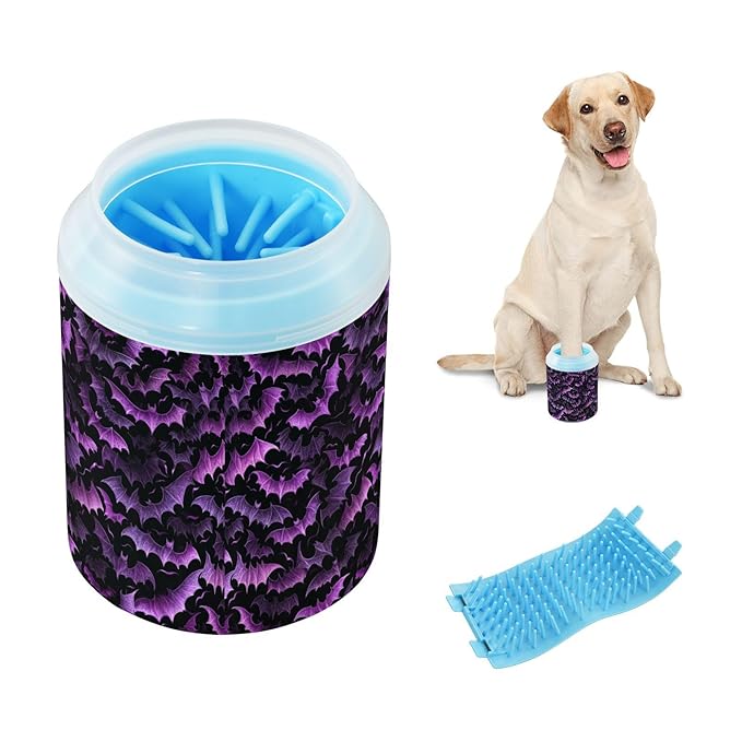 Dog Paw Cleaner Cups for Dogs Pets Foot Washer Paw Scrubber for Medium Small Cats Dogs Cute Cleaning Cup Purple Halloween Bats