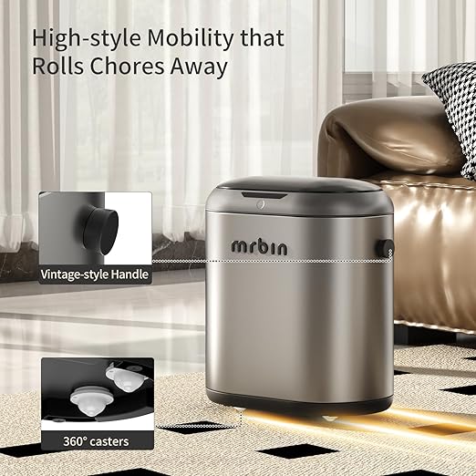MRBIN Automatic Adsorption Metal Trash Can for Bathroom, Touchless Garbage Bin with Lid, 3.2 Gallon Slim Trash Can for Office and Bedroom, Electric Motion Sensor Waste Basket, Eclipse Grey