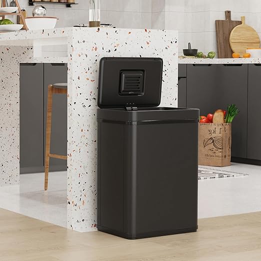 50L / 13 Gallon Smart Automatic Trash Can with Deodorizer Compartment, Stainless Steel Body and Mute Sensor Lid for Kitchen Office Living Room and More, Assemble Large Capacity Garbage Can - Black