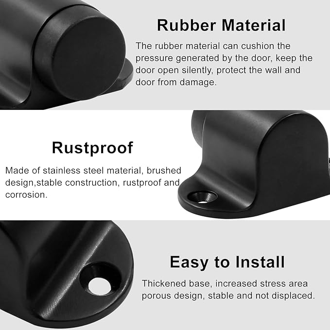 1.06 Inch / 27mm Heavy Duty Floor Door Stopper, Floor Mount Door Stop with Silent Rubber Bumper, Stainless Steel Black Brushed Finish - Pack of 2