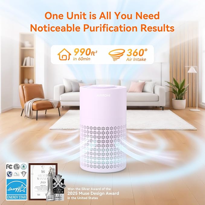 AIRROMI Air Purifier for Bedroom with HEPA 3-in-1 Filter, Pet Air Purifier for Home Cat Pee Smell, Covers Upto 990 Ft², Quiet 360°intake Air Cleaner for Pet Hair,Allergies,Pollen,Smoke A2001 Purple