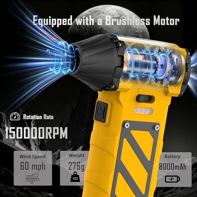 Electric Air Duster-Compressed Air Duster,60mph Wind Stepless Speed Canned Air for PC/Compute/Electronics/Home&Car Cleaning, 150000RPM Air Blower to Spray Air Can Dust Off Keyboard Cleaner (Yellow)