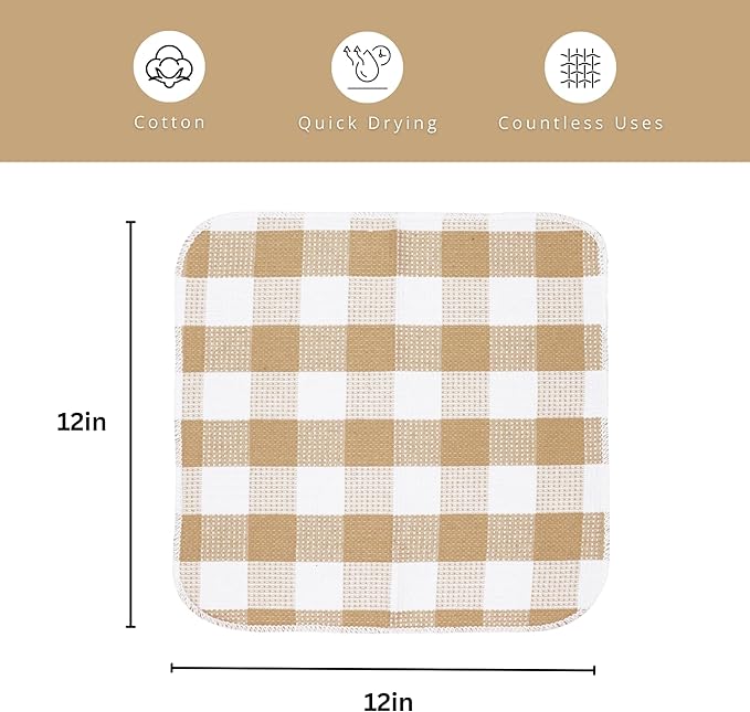 Waffle Weave Plaid Dish Cloths, 100% Cotton - 12 x 12 Inches, Ultra Soft Absorbent Quick Drying Dish Towels Buffalo Check Dish Rags for Kitchen, 6 Pack - Spring Summer - Beige and White