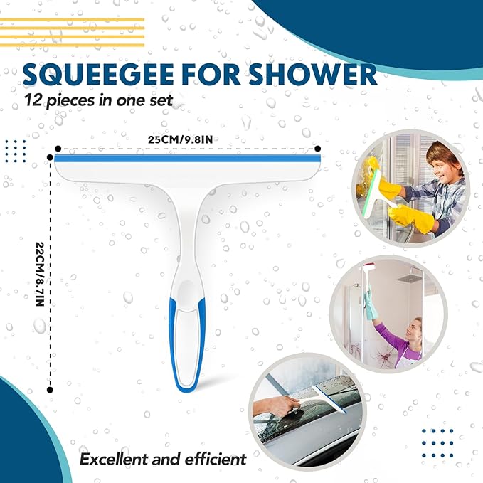 Dandat 12 Pcs Squeegee for Shower Glass Door 9.8'' Small Silicone Shower Squeegee for Doors Bulk with Hanging Hole for Bathroom Car Mirror Tile(Red, Blue, Green)