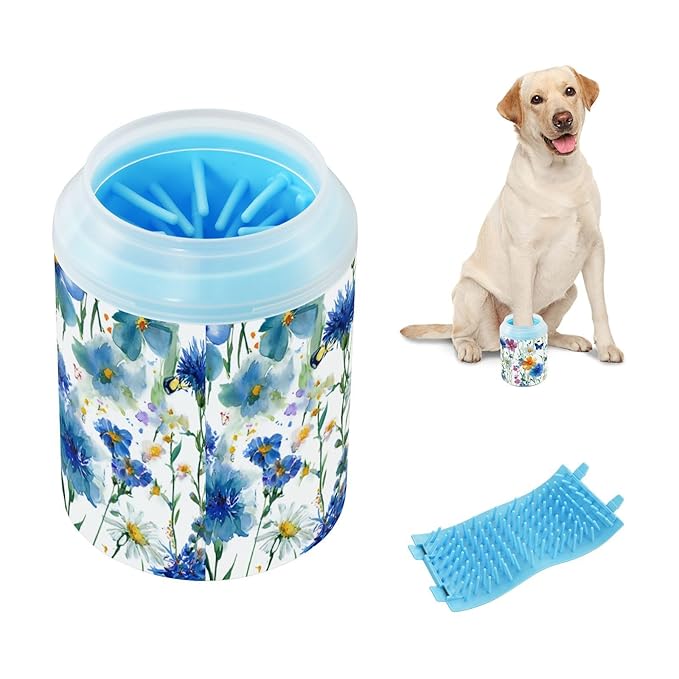 Dog Paw Cleaner Cups for Dogs Pet Foot Washer Paw Scrubber for Small Medium Large Dogs Cats Cleaning Cup Watercolor Cornflower Daisy