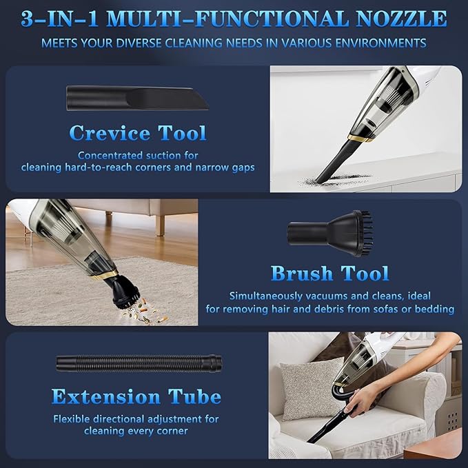 Handheld Vacuum Cordless,Car Vacuum Portable Cordless Rechargeable Hand Vacuum with LED Light, 6kpa Powerful Suction with Three Types of Suction Heads and Filters for Cat/Home/Office Cleaning