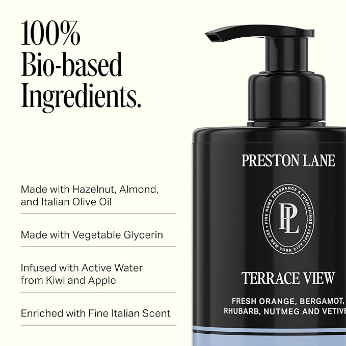 Preston Lane Luxury Hand Wash, Terrace View Scent – Hydrating & Nourishing Formula with Organic Oils, Active Kiwi & Apple Water, and Vegetable Glycerin | Gentle Cleansing, Vegan & Cruelty-Free