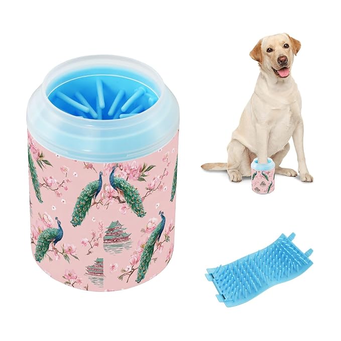 Dog Paw Cleaner Cups for Dogs Pet Foot Washer Paw Scrubber for Medium Small Large Dogs Cats Cleaning Cup Pink Peacocks Cherry Blossoms