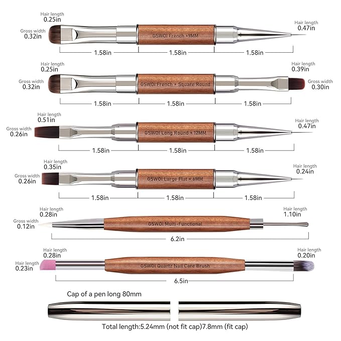 Dual Head Acrylic Nail Brush-Large Flat & 6mm Liner for Builder Gel,Polygel & Design-Wood Handle & Metal Caps