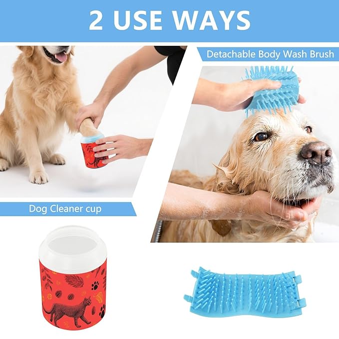Dog Paw Cleaner Cups for Dogs Pet Foot Washer Paw Scrubber for Medium Small Large Dogs Cats Cleaning Cup Red Cougar Paw Prints Leaves Nuts