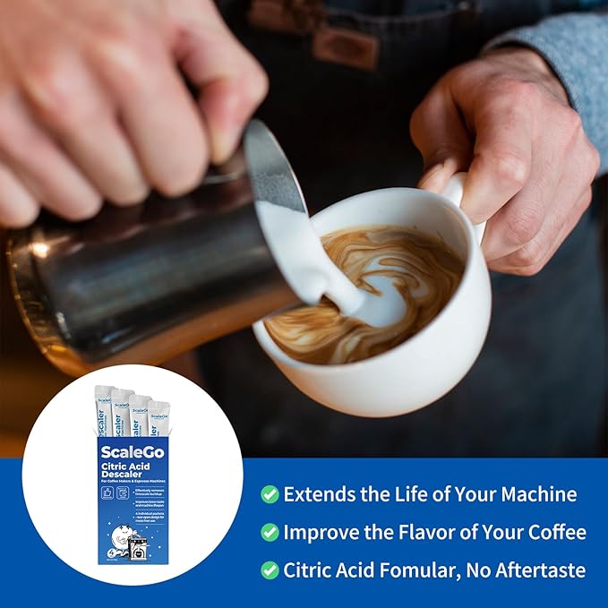 Coffee Machine Cleaner & Descaler | Citric Acid Descaling Powder | Pre-measured Package for Mess-Free Use & Storage | Removes Limescale | Compatible with Keurig, Nespresso, Breville | 4 Uses