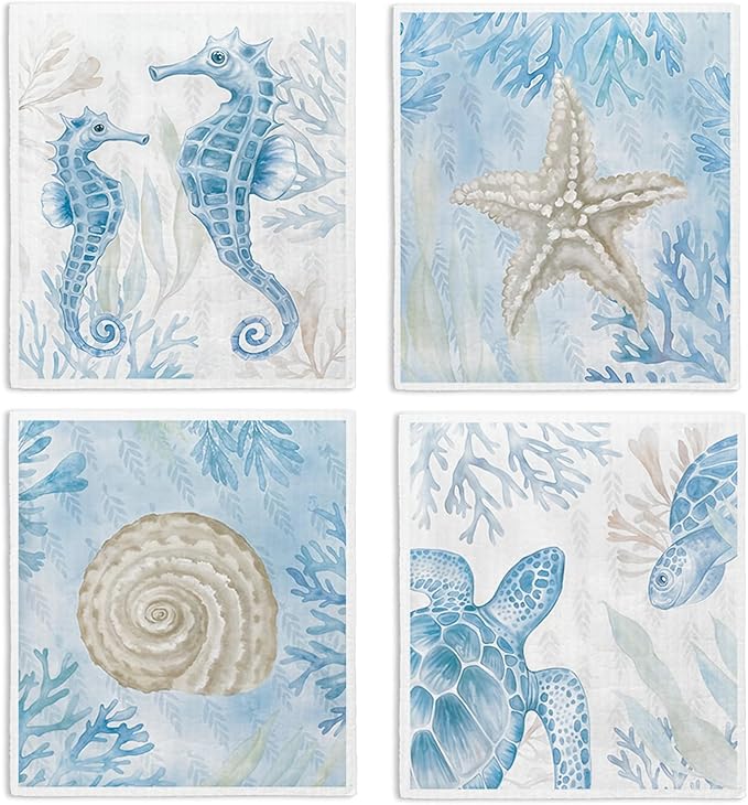 Swedish Dishcloths for Kitchen, Summer Ocean Coastal Beach Decor Kitchen Dish Towels for Washing Dishes, 4 Pack Reusable Paper Towels Washable, Sponge Cloths for Home Cleaning Baking Cooking