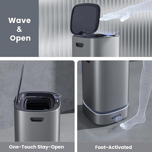 ELPHECO Self-Bagging Automatic Trash Can Stainless Steel 4 Gallon Sensor Trash Bin, Self-Sealing Dustbin, 15 Liter Garbage Can, Large Touchless Metal Trash Can for Home, Hotel, Office, Silver