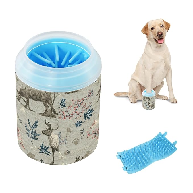 Dog Paw Cleaner Cups for Dogs Pet Foot Washer Paw Scrubber for Medium Small Large Dogs Cats Cleaning Cup Brown Reindeer Pine Trees Flowers