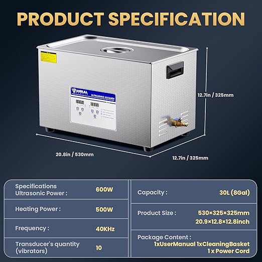 Anbull 30L/8Gal 600W Industrial Ultrasonic Cleaner Machine with 304 Stainless Steel and Digital Timer Heater for Wrench Tools Industrial Parts Mental Instrument Apparatus Cleaning