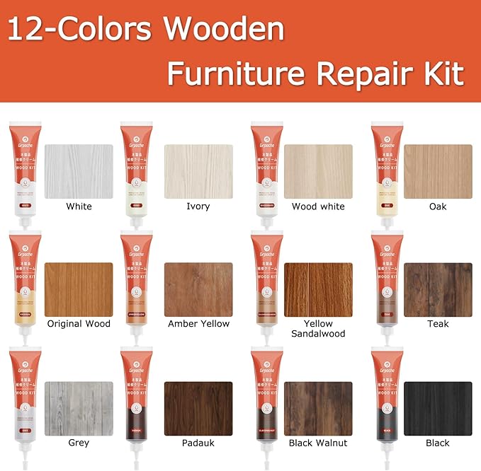 Wood Furniture Repair Kit, 12 Colors Wood Fillers Hardwood Laminate Floor Repair Kit Touch Up Paint Repair Scratch, Cracks, Stains, Discoloration for Furniture, Door, Cabinet, Floor, Table Surface