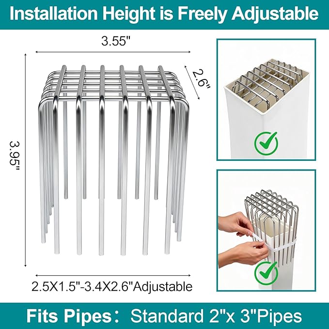 Downspout Gutter Guard 304 Stainless Steel - 2 Pack, 4.7" L ×3.5" W Adjustable Height (3.95") with Flexible Opening Fits 2" x 3" Pipe, Anti-Clogging Filter for Leaves & Protection from Birds/Rodents