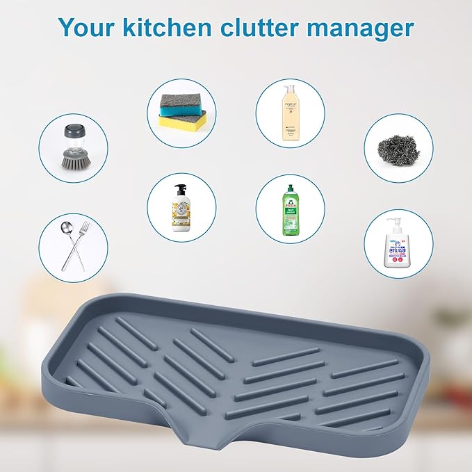 SUBEKYU Silicone Kitchen Soap Tray, Sink Tray for Kitchen Counter/Soap Bottles, Sponge Holder and Organizer with Drain Spout, Dark Grey, [Size: 9.5 x 5 inch]