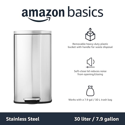 Amazon Basics Smudge Resistant Rectangular Trash Can With Soft-Close Foot Pedal, Brushed Stainless Steel, 30L/7.9 Gal, 13.8x11.8x25 in, Satin Nickel Finish