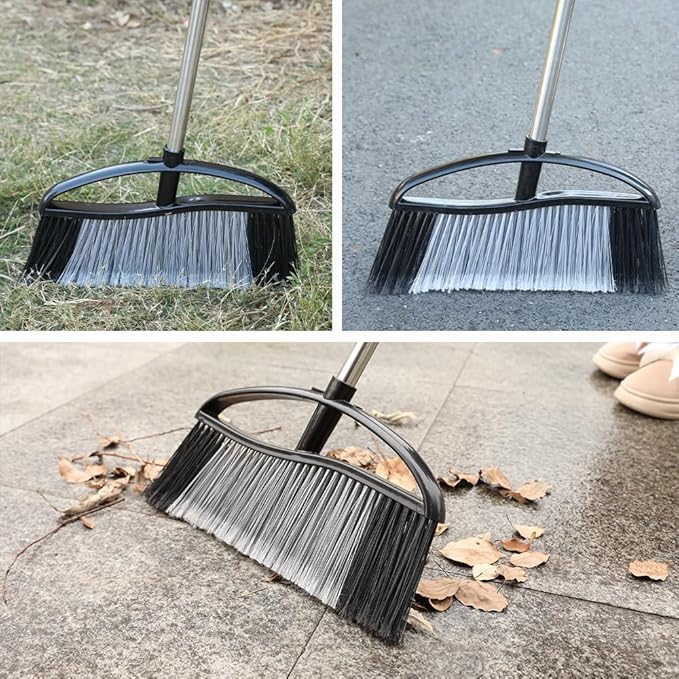 Heavy Duty Outdooor Broom - 15.7" Wide Broom with Long Adjustable Handle & Stiff Bristles for Patio, Garage, Yard, Garden (Black)
