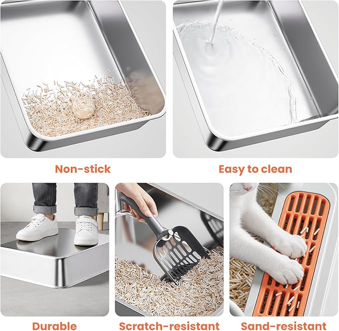 Stainless Steel Cat Litter Box, Metal Kitty Litter Box Includes Litter Mat & Scoop, Easy Cleaning Anti-Scratch Kitty Cat Box Anti-Urine Leakage, Non-Sticky, Perfect for Small Cats, Light Gray