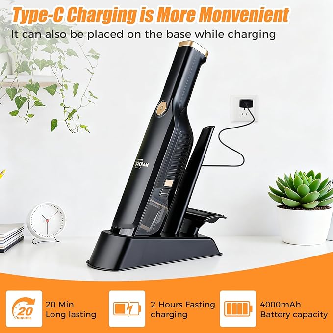 Handheld Vacuum Cordless, 15KPA High Power Suction, USB Quick Charge, Car Vacuum Cleaner with Storage Dock, Lightweight Rechargeable Dust Buster with Crevice Tool & Pet Brush Hand Vac for Home, Black